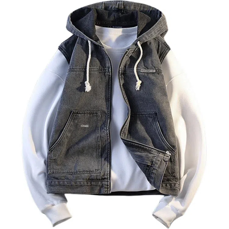 【dme】 春秋季连帽拉链马甲时尚帅气无袖上衣韩系时髦洋气入秋外搭气质有型百搭牛仔外套 男女同款