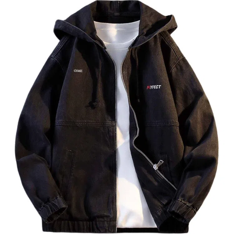 【dme】 春秋季时尚连帽复古拉链宽松帅气休闲牛仔外套 男女同款