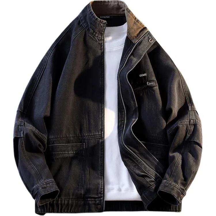【dme】 立领机车风时尚潮流拉链夹克春秋季水洗做旧宽松上衣美式复古潮牌牛仔外套 男女同款