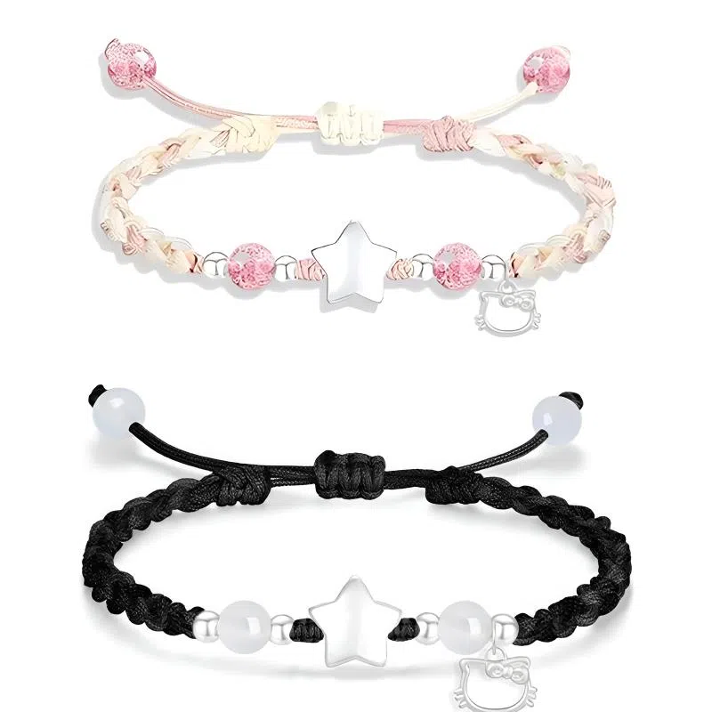 【S999纯银招财猫】 京华录 少女星愿 粉色甜美可爱立体星星造型设计转运珠编织绳 甜蜜浪漫小清新恋爱告白 琉璃 手绳 男女同款情侣款