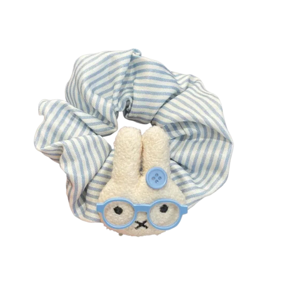 希铃 可爱眼镜兔兔蓝白条纹 布艺 头绳 女款