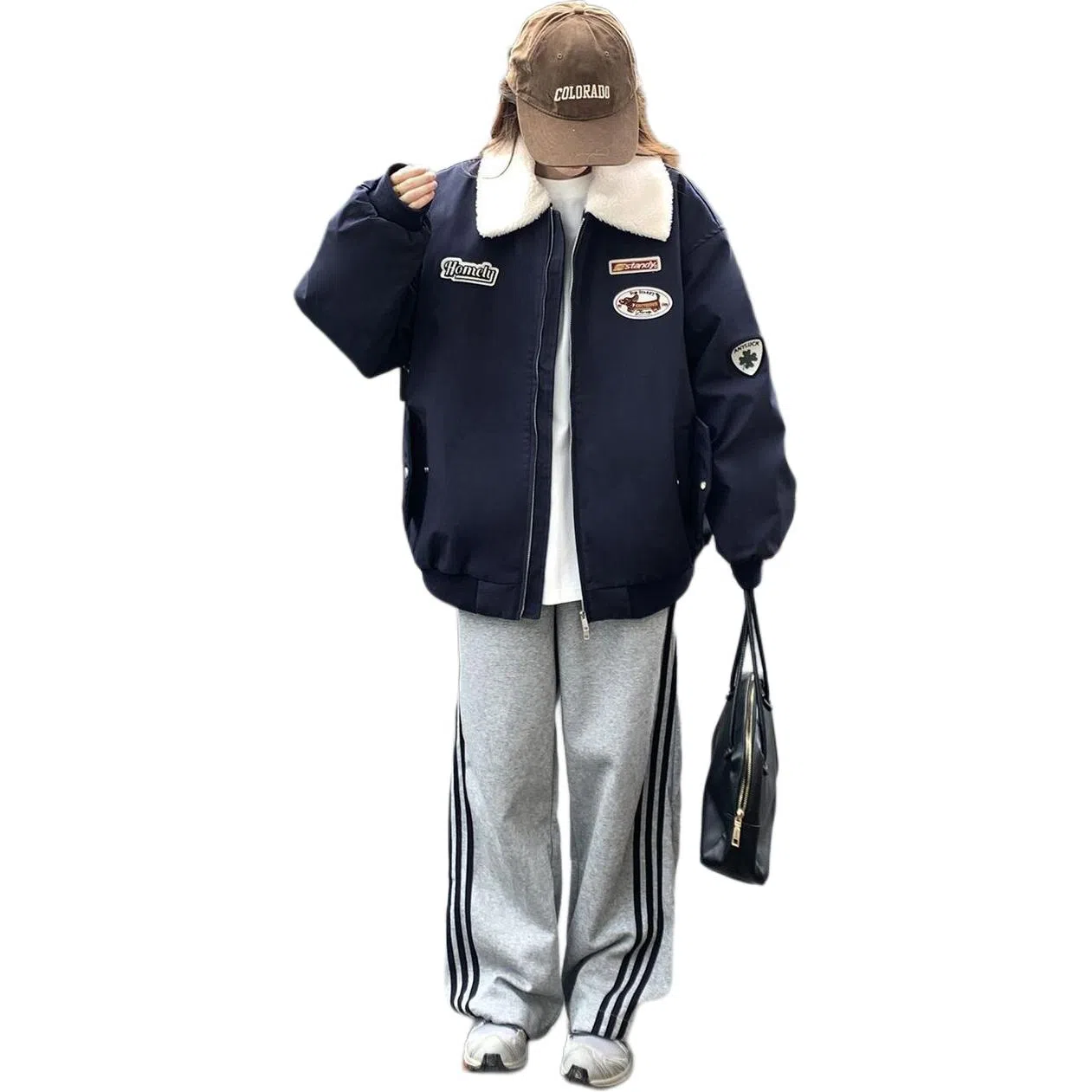 邓大喵 美式加棉加厚外套女秋冬翻领拼色绣标宽松保暖棉服棒球服 女款