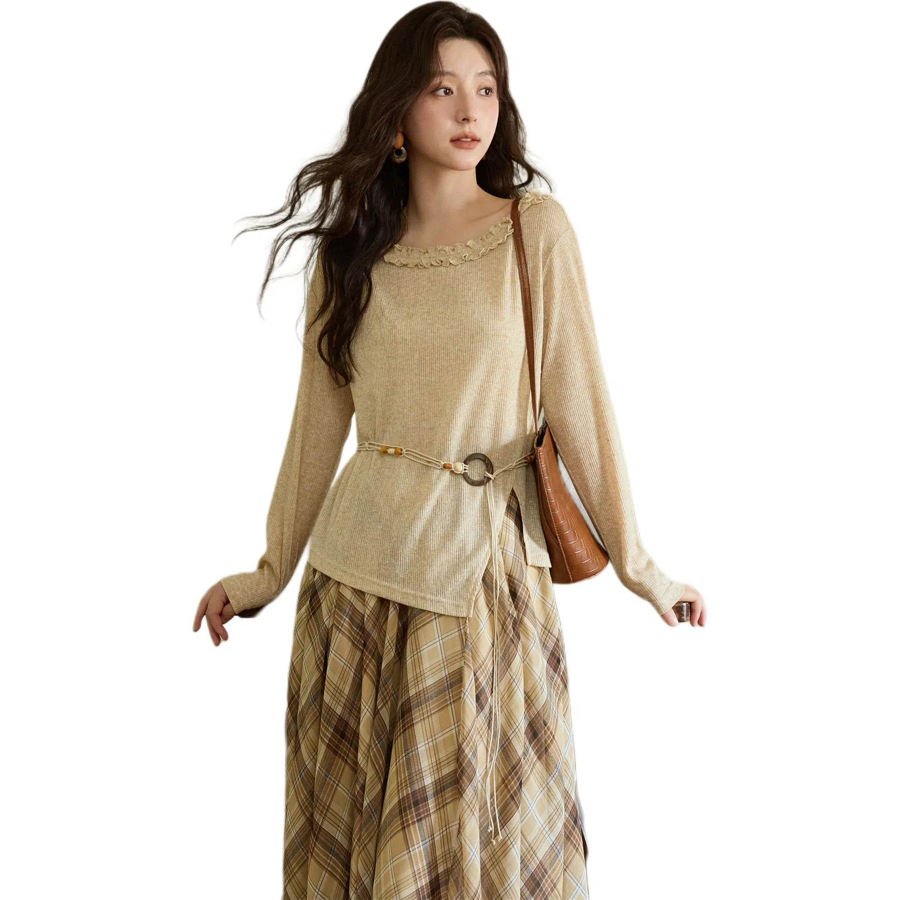 谜秀 杏色苎麻波西米亚针织衫 女款