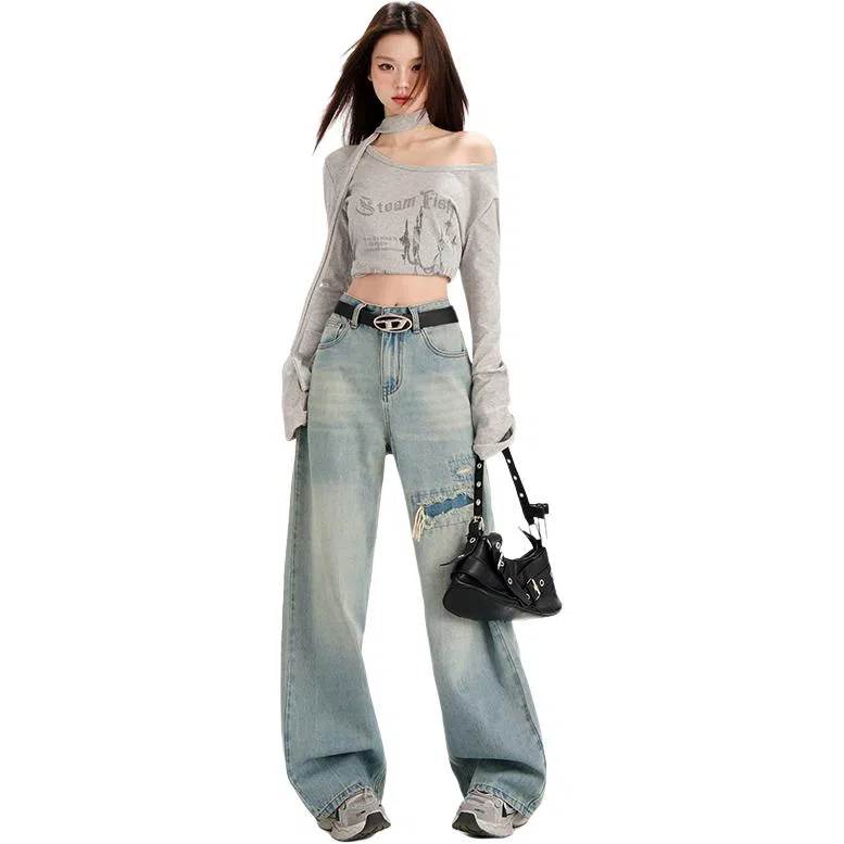 淑好百 复古水洗磨损高腰牛仔裤 女款