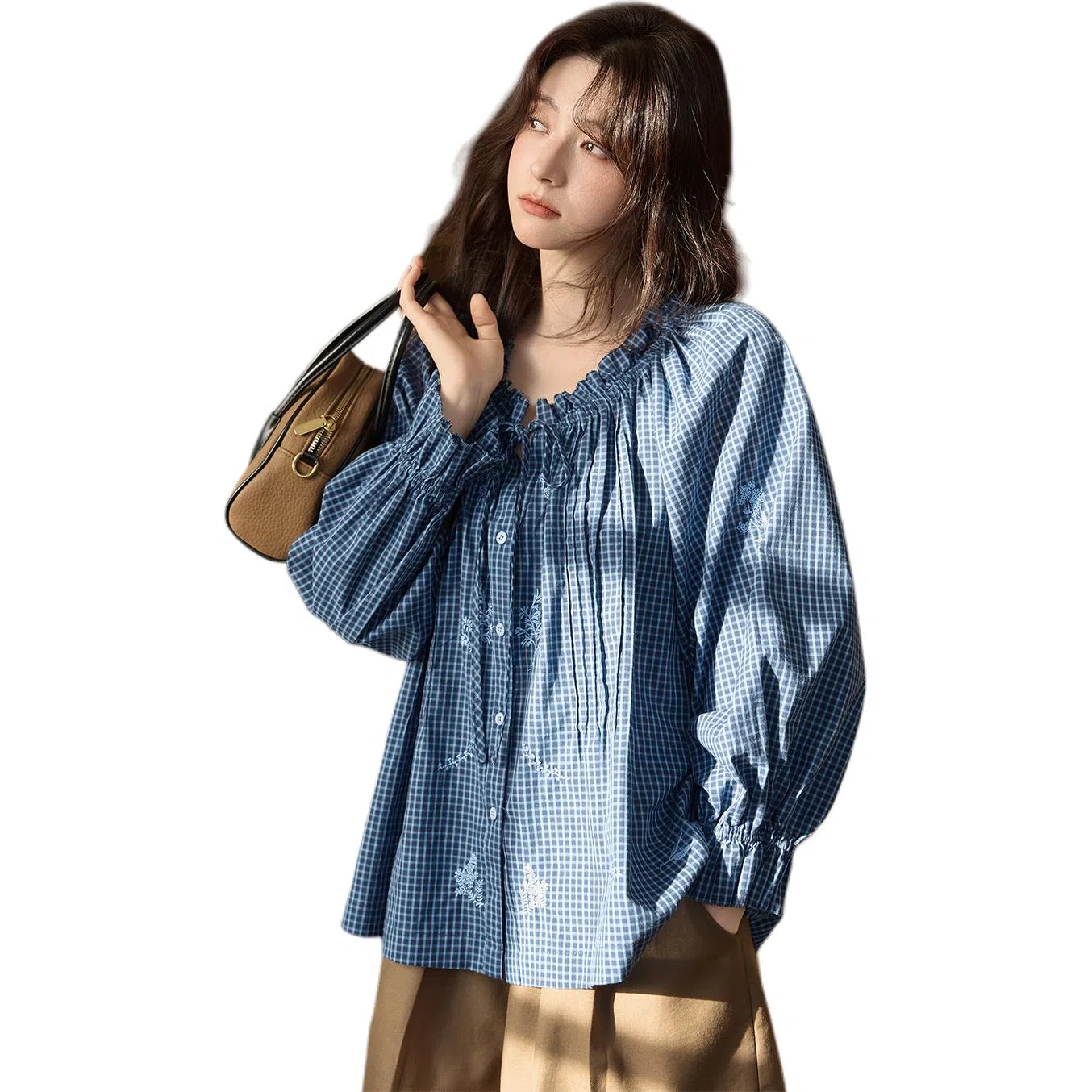 谜秀 绣花木耳边领系带衬衫 女款