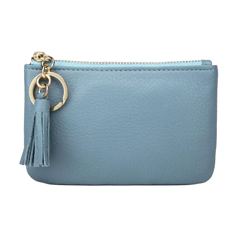 掐尖 纯色收纳真皮拉链手拿简约钥匙钱袋 头层牛皮 零钱包 迷你 女款 黑色/粉红色/浅蓝/大象灰