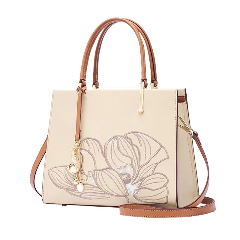 老人头 新中式国风刺绣优雅大气实用通勤百搭大容量高级感妈妈款母亲女士 牛皮拼超纤 女包单肩包托特包斜挎手提包 女款 杏色