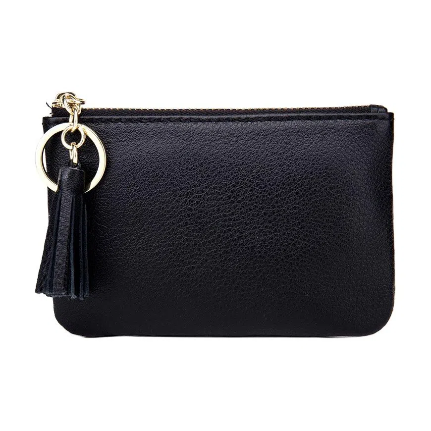 掐尖 纯色收纳真皮拉链手拿简约钥匙钱袋 头层牛皮 零钱包 迷你 女款 黑色/粉红色/浅蓝/大象灰