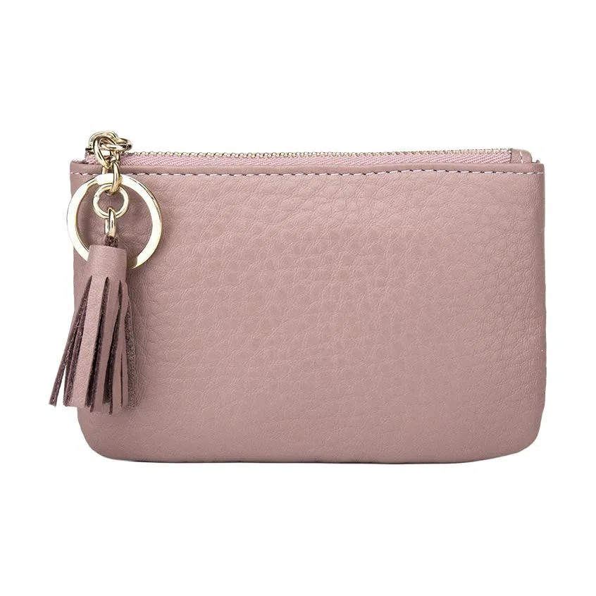 掐尖 纯色收纳真皮拉链手拿简约钥匙钱袋 头层牛皮 零钱包 迷你 女款 黑色/粉红色/浅蓝/大象灰