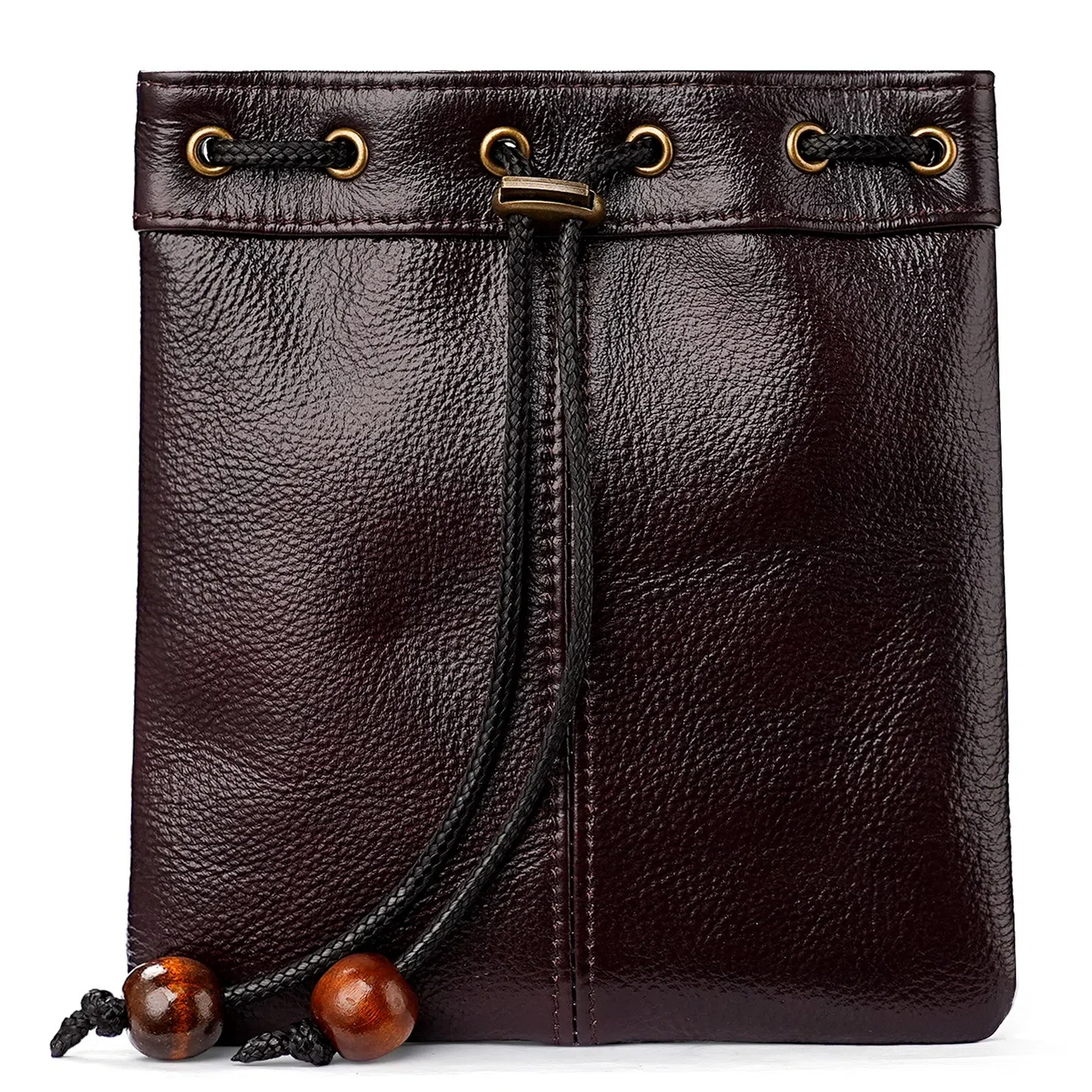 掐尖 复古福袋串珠抽绳束口 真皮 零钱包 男女同款情侣款 深棕色