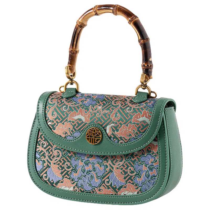 上海故事 新中式国风竹节包真丝百搭 牛皮 手提包 常规 女款 绿色