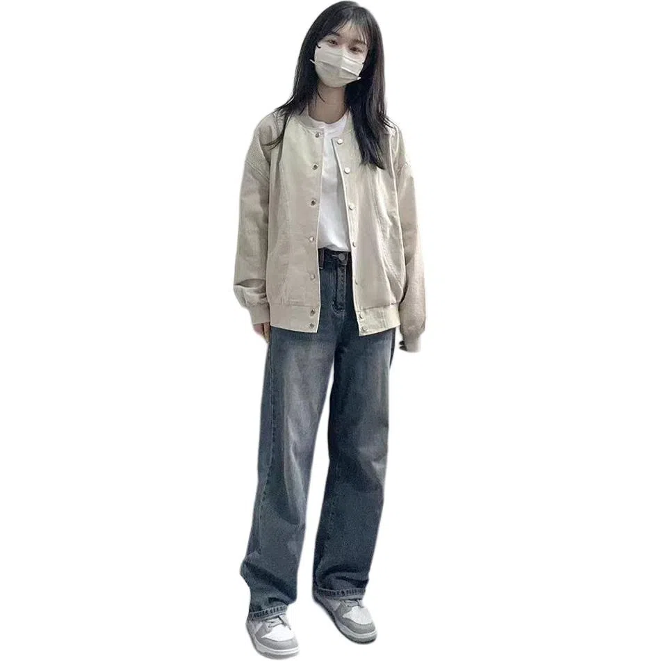 邓大喵 初秋灯芯绒拼接外套女春秋美式复古设计感宽松休闲夹克上衣棒球服 女款