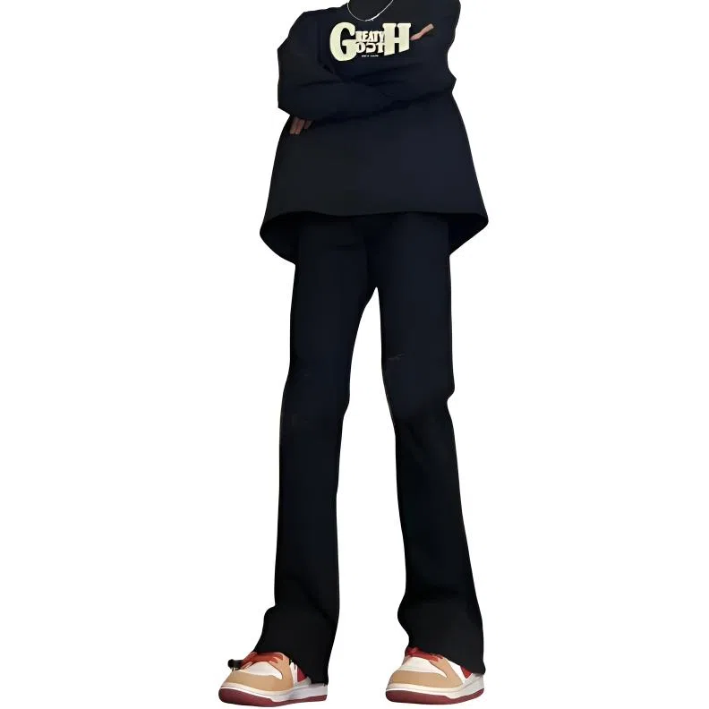 八哥 美式复古高街【弯刀黑牛】简约基础款水洗做旧中腰系带修身纯色直筒阔腿百搭弹力黄泥染薄款微喇牛仔裤 男女同款