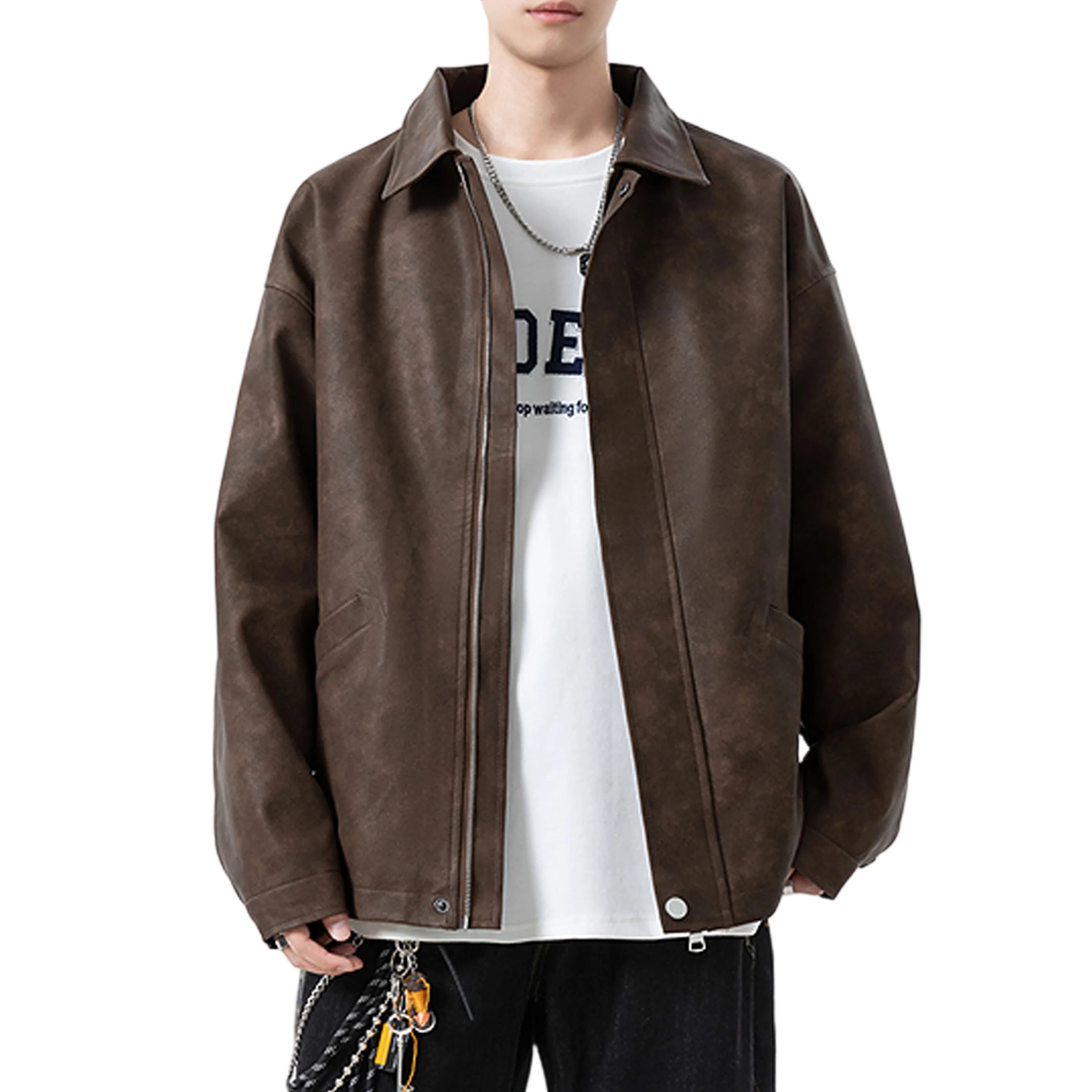 冈哉 美式复古纯色机场皮上衣时尚潮流翻领宽松休闲舒适百搭情侣日常皮衣外套 男女同款