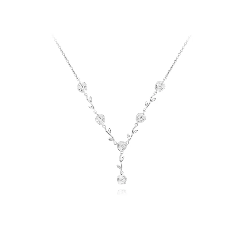 【纯银999 | 玫瑰花】 六桂福珠宝 经典百搭小众设计极简轻奢约会高级感学生日常精致简约通勤温柔气质可调节锁骨链 足银 项链 女款