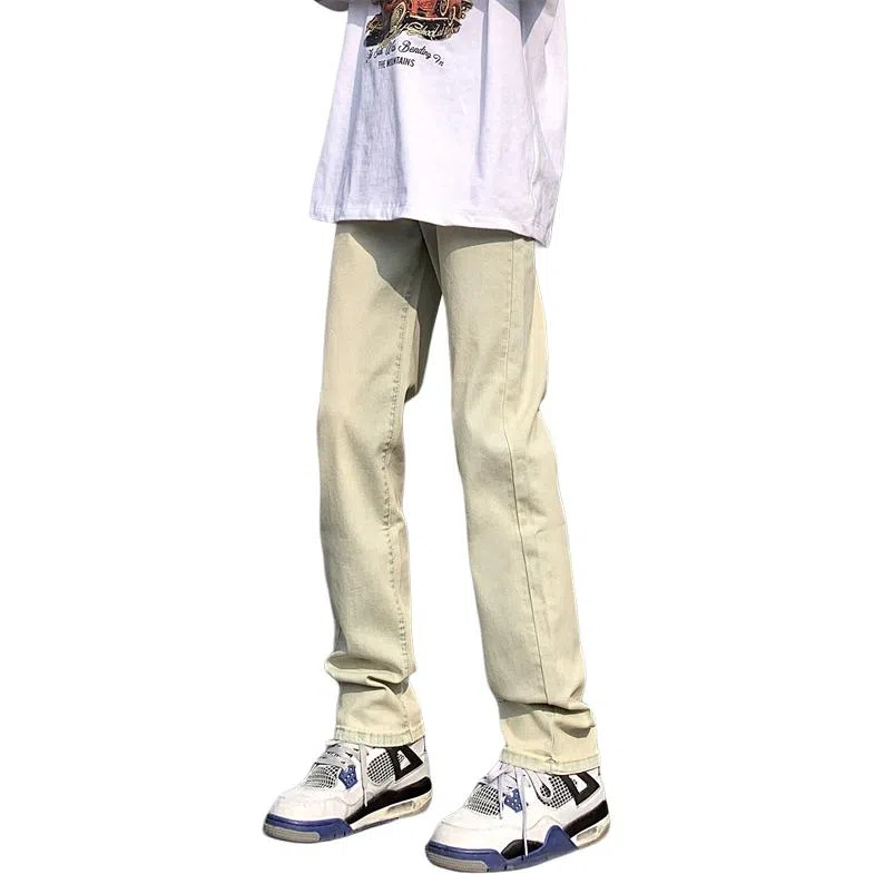 八哥 美式复古高街【弯刀黑牛】简约基础款水洗做旧中腰系带修身纯色直筒阔腿百搭弹力黄泥染薄款微喇牛仔裤 男女同款