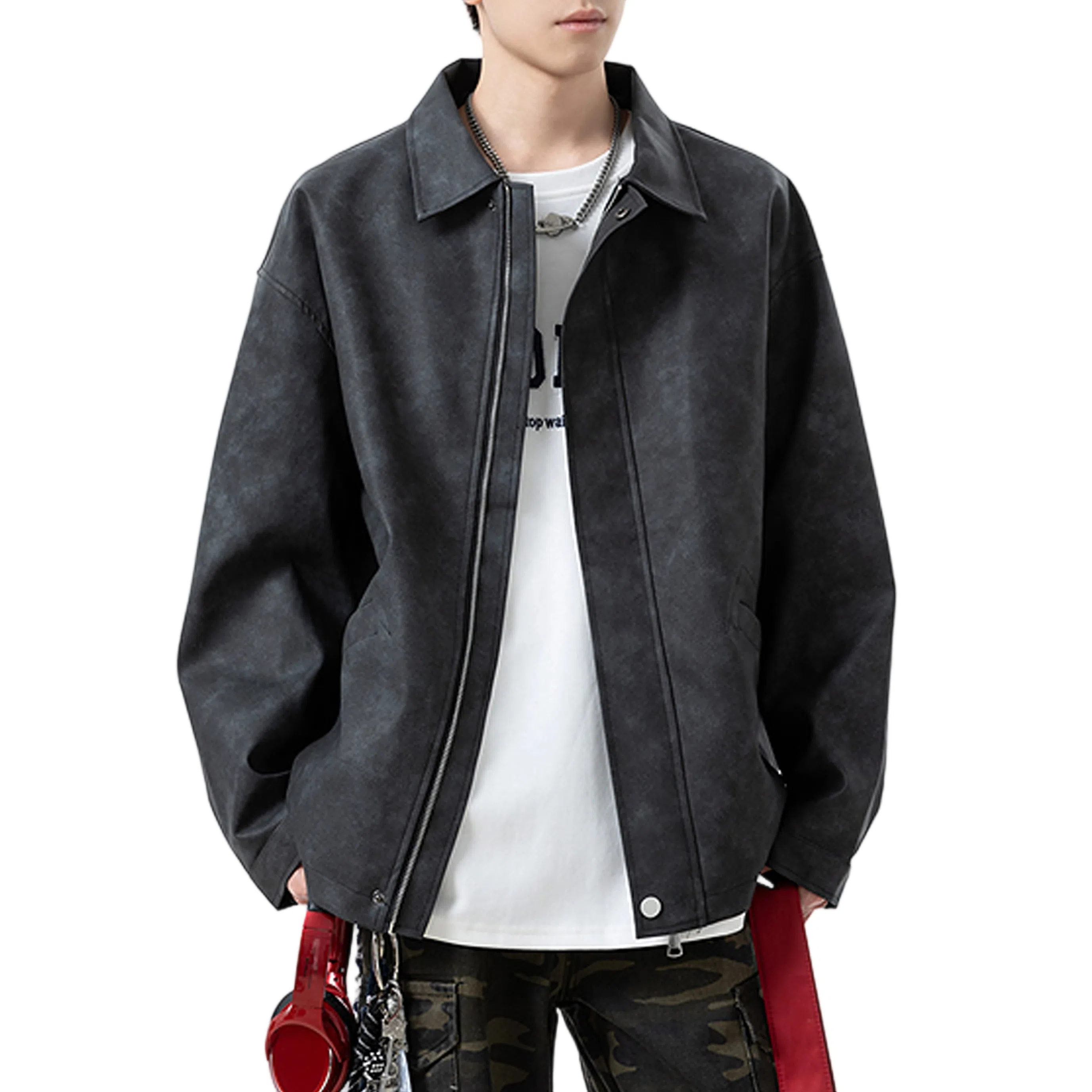 冈哉 美式复古纯色机场皮上衣时尚潮流翻领宽松休闲舒适百搭情侣日常皮衣外套 男女同款