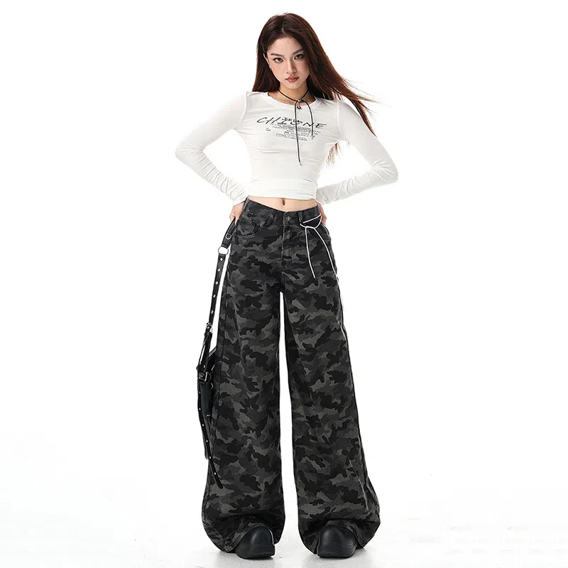 淑好百 宽松阔腿地休闲高腰牛仔裤 女款