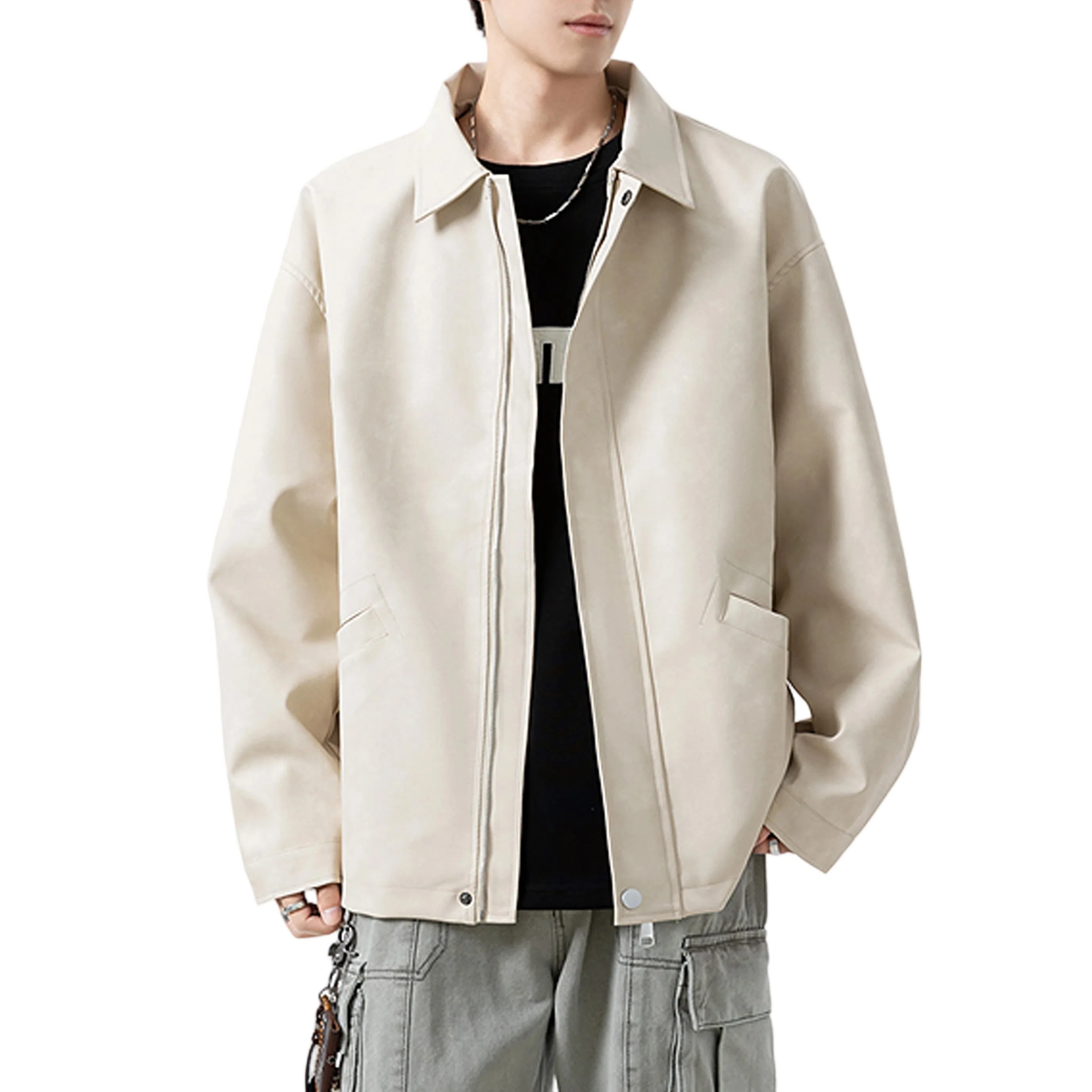 冈哉 美式复古纯色机场皮上衣时尚潮流翻领宽松休闲舒适百搭情侣日常皮衣外套 男女同款