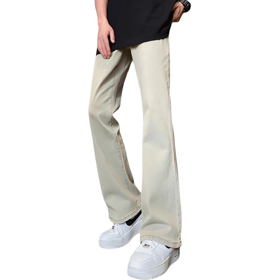 八哥 美式复古高街【弯刀黑牛】简约基础款水洗做旧中腰系带修身纯色直筒阔腿百搭弹力黄泥染薄款微喇牛仔裤 男女同款