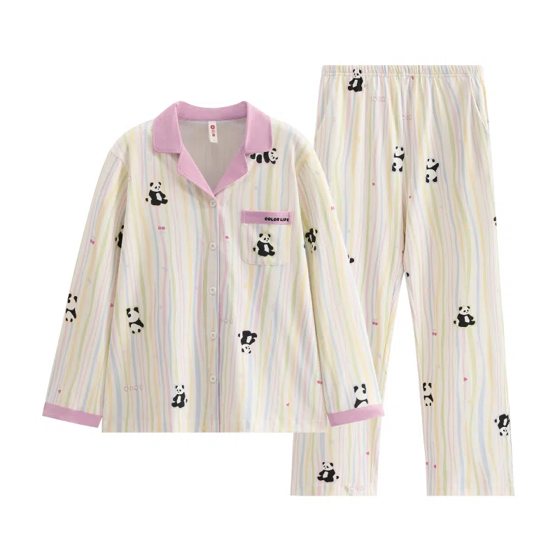 芬腾 女士春秋季纯棉长袖长裤彩色条纹熊猫开衫家居服睡衣套装 女款