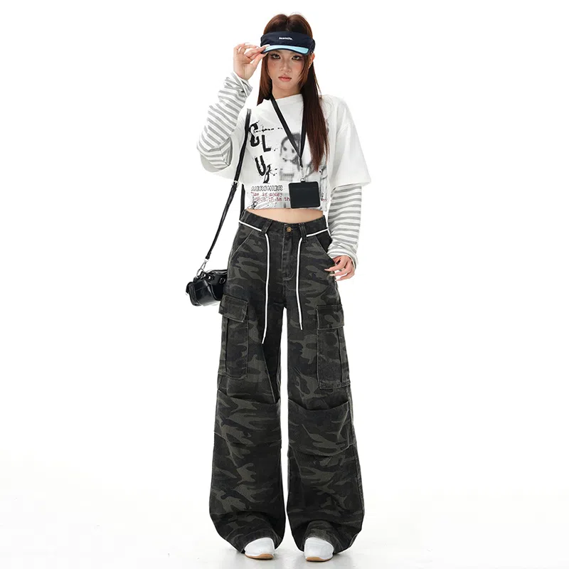 淑好百 复古迷彩多口袋休闲高腰牛仔裤 女款