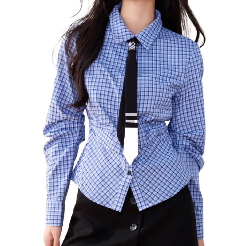 兰缪 设计感时尚气质收腰格子长袖衬衫 女款