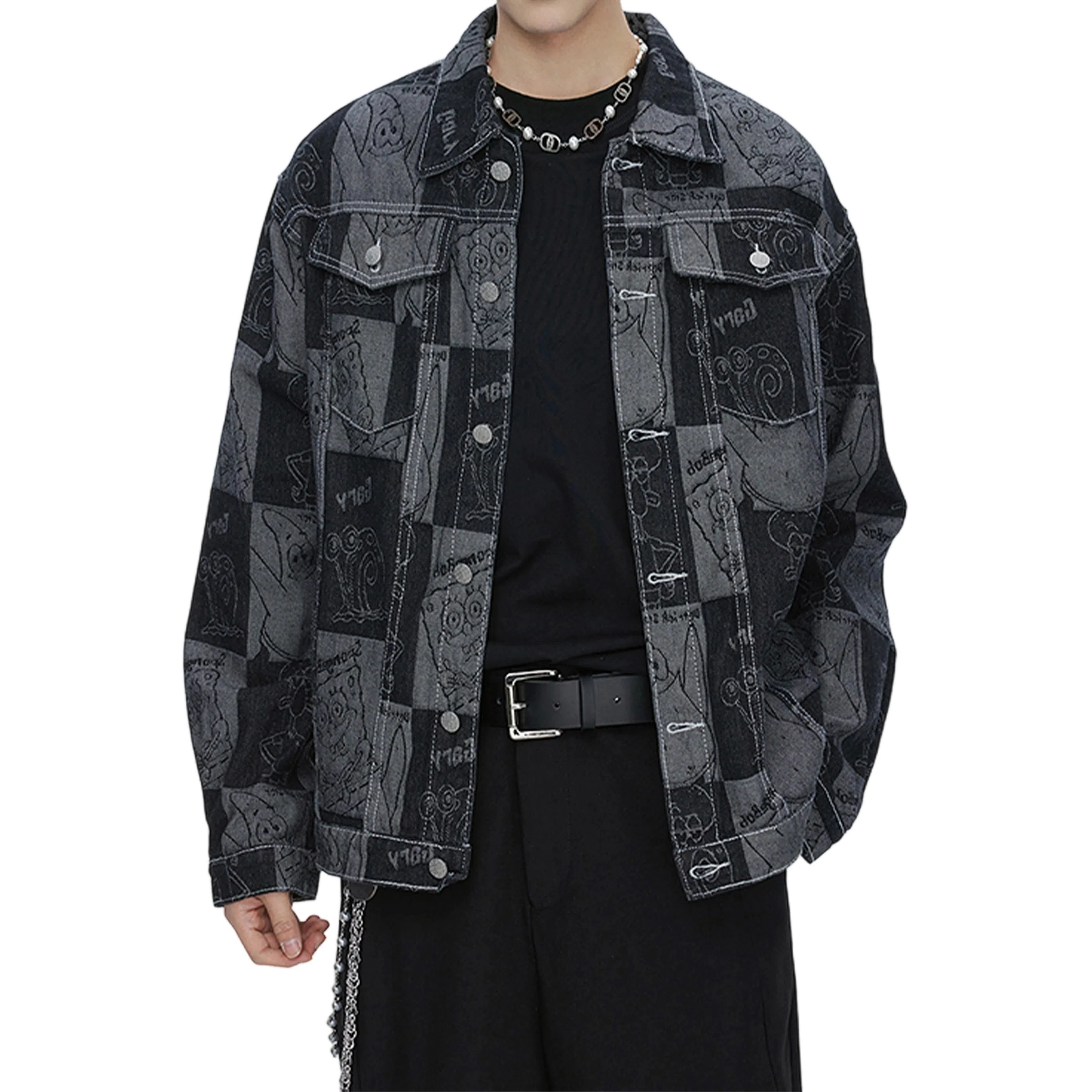 Gangzai Cartoon Jacquard Colorblock Denim Jacket