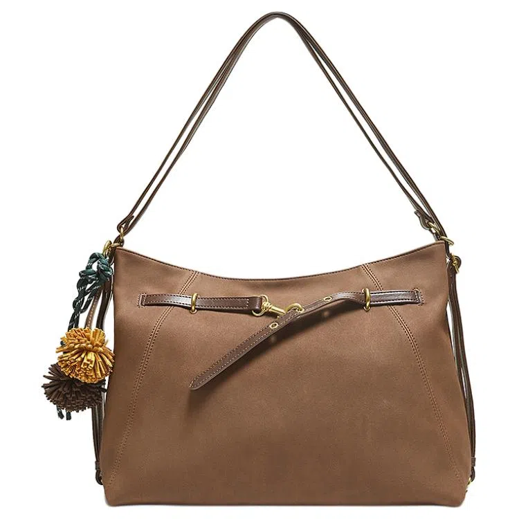 百思图 复古质感时尚百搭简约通勤 人造革 单肩包 大号 女款 啡色/棕色