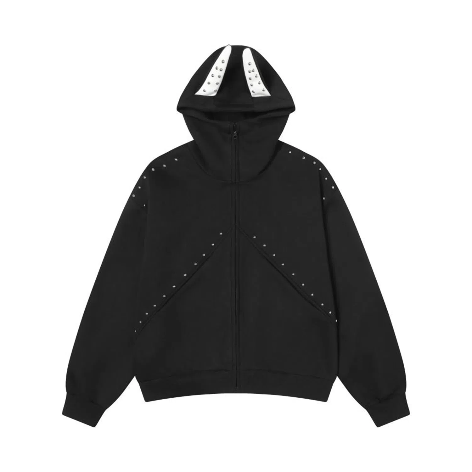 【dme】 高街潮流拼接铆钉杜宾犬耳朵连帽拉链情侣短外套卫衣 男女同款