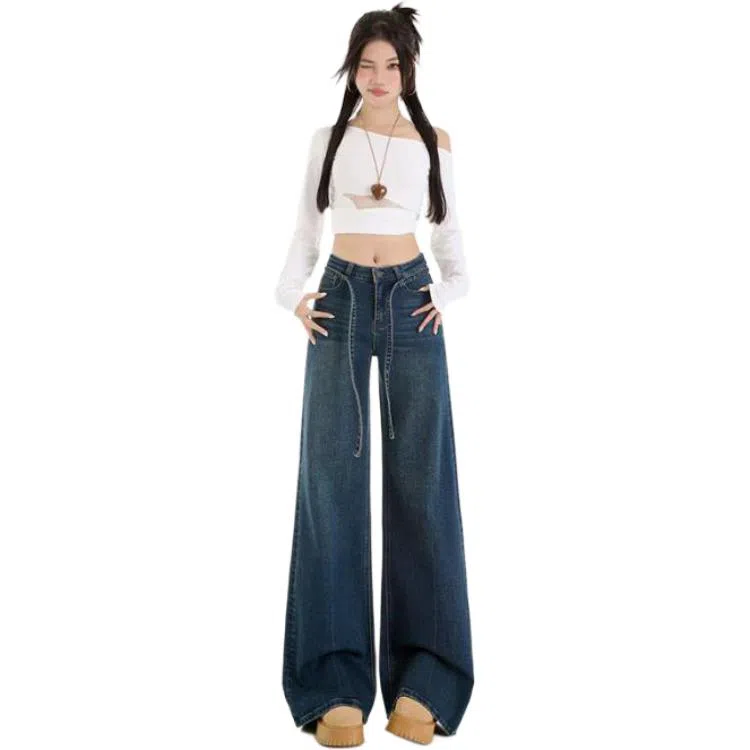 淑好百 弹力宽松阔腿休闲高腰牛仔裤 女款