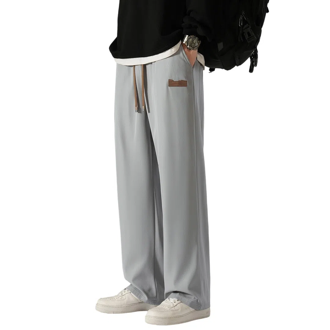 顶峰保罗 冰丝直筒阔腿无性别主义纯色基础款拖地运动卫裤弹力抽绳显高百搭宽松大码潮牌时尚高街垂感休闲裤 男女同款