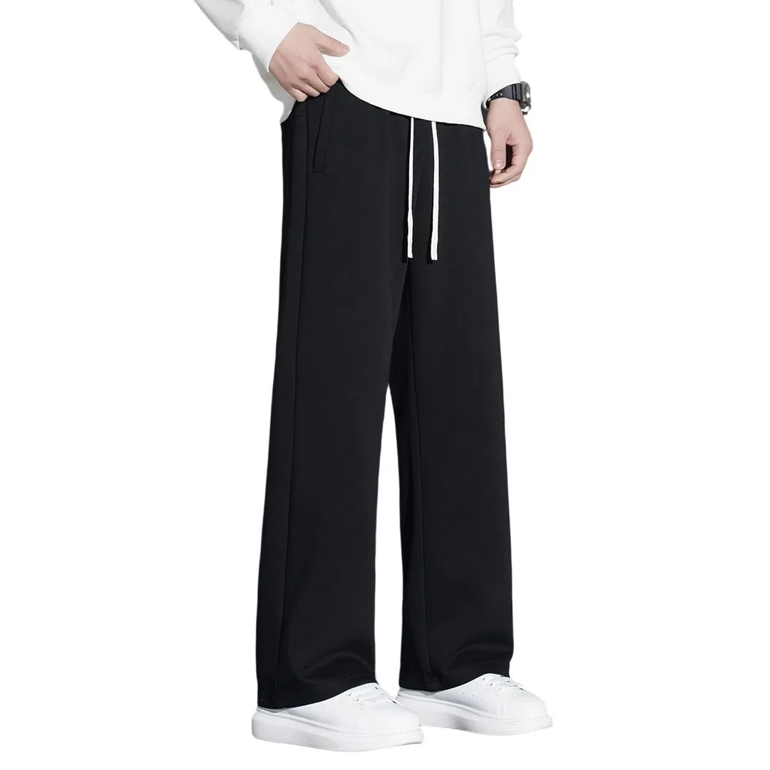 顶峰保罗 冰丝直筒阔腿无性别主义纯色基础款运动拖地卫裤弹力抽绳显高百搭宽松大码潮牌时尚垂感休闲裤 男女同款