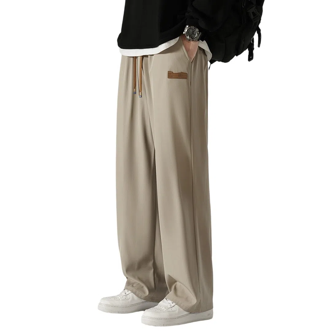 顶峰保罗 冰丝直筒阔腿无性别主义纯色基础款拖地运动卫裤弹力抽绳显高百搭宽松大码潮牌时尚高街垂感休闲裤 男女同款
