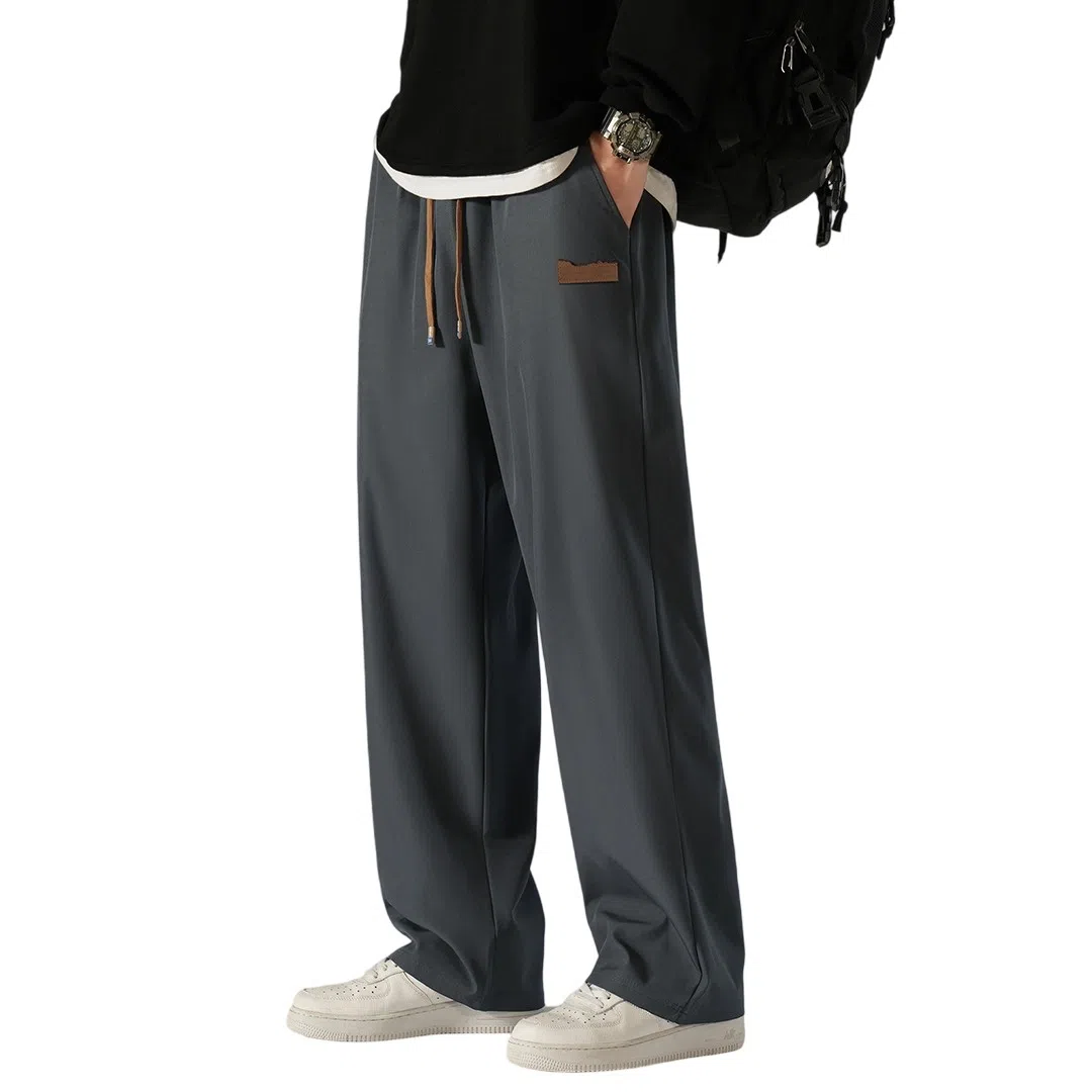 顶峰保罗 冰丝直筒阔腿无性别主义纯色基础款拖地运动卫裤弹力抽绳显高百搭宽松大码潮牌时尚高街垂感休闲裤 男女同款