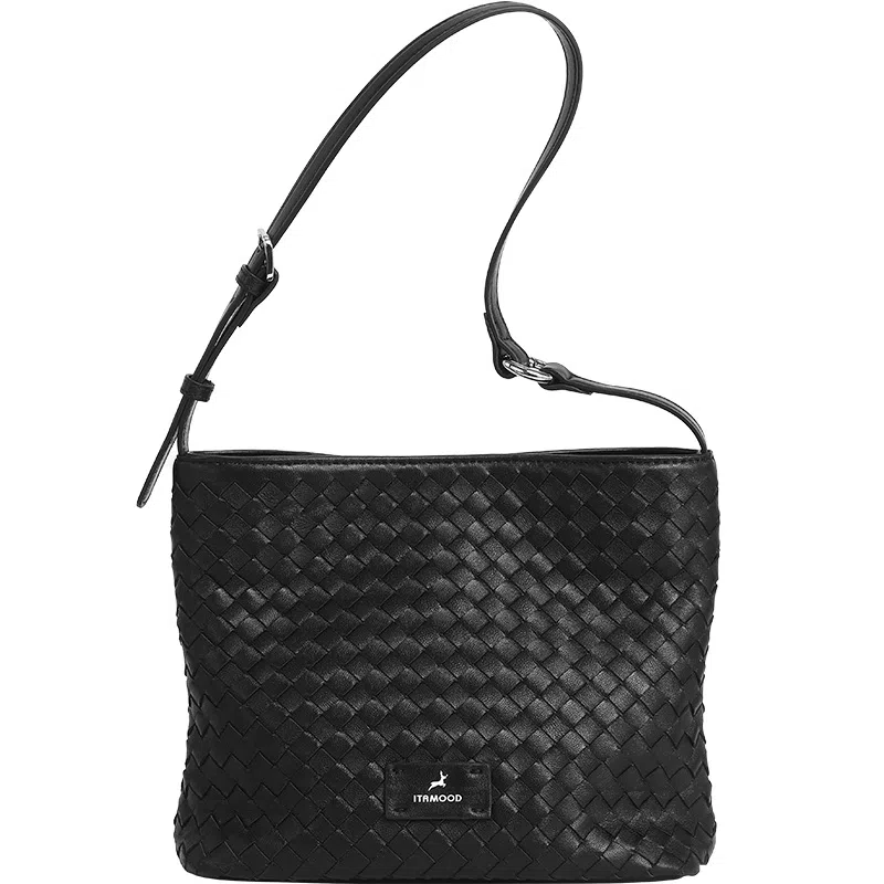 妙迪 早秋人气款秋冬时尚小众设计时尚高级感百搭简约时尚通勤编织工艺水桶包 羊皮 单肩腋下斜挎包 男女同款情侣款 子夜黑