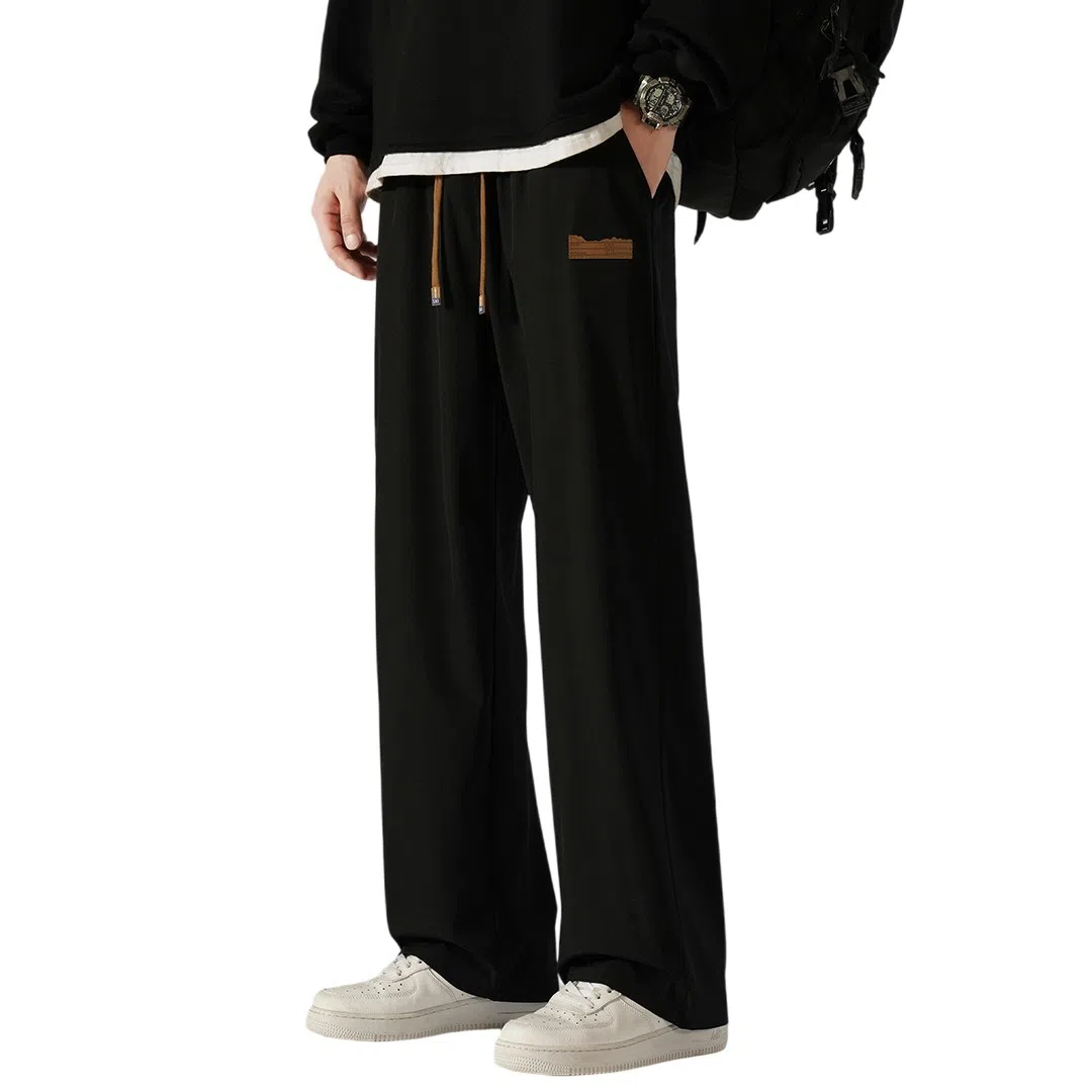 顶峰保罗 冰丝直筒阔腿无性别主义纯色基础款拖地运动卫裤弹力抽绳显高百搭宽松大码潮牌时尚高街垂感休闲裤 男女同款