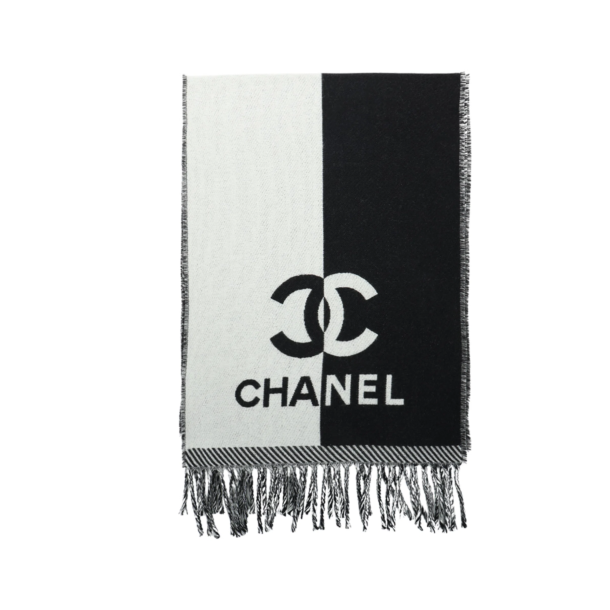 CHANEL Logo Print Fur Scarf Black White