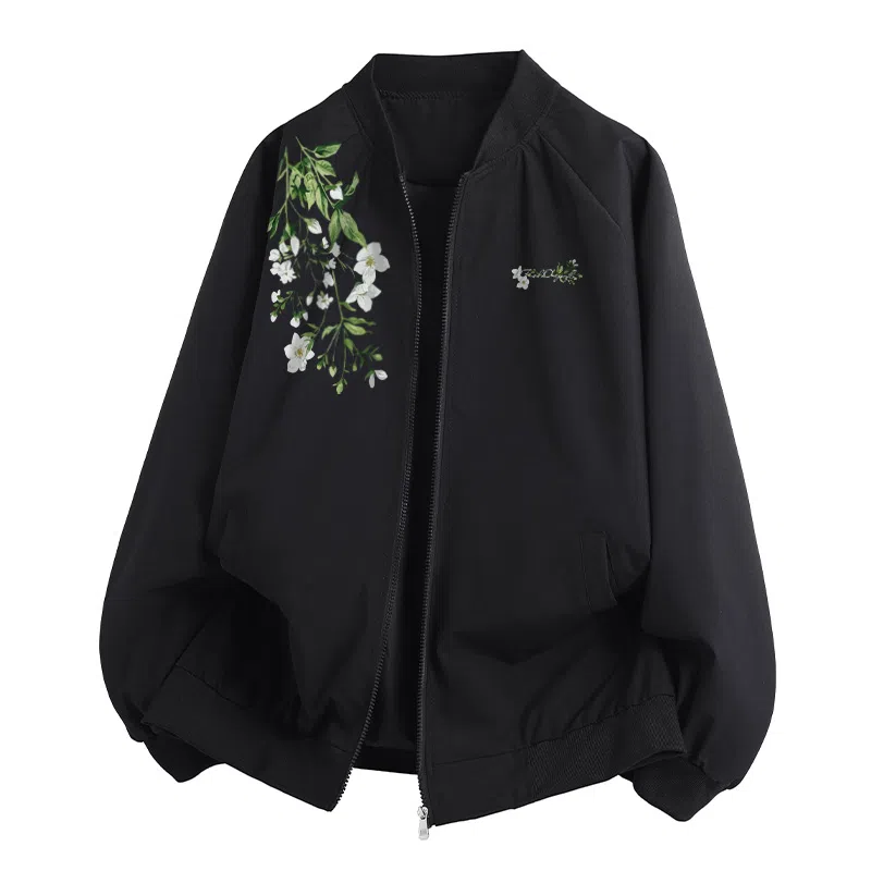 红蜻蜓 美式高街植物花卉仿刺绣徽章涂鸦数字字母印花宽松百搭舒适防风保暖休闲棒球服外套夹克 男女同款