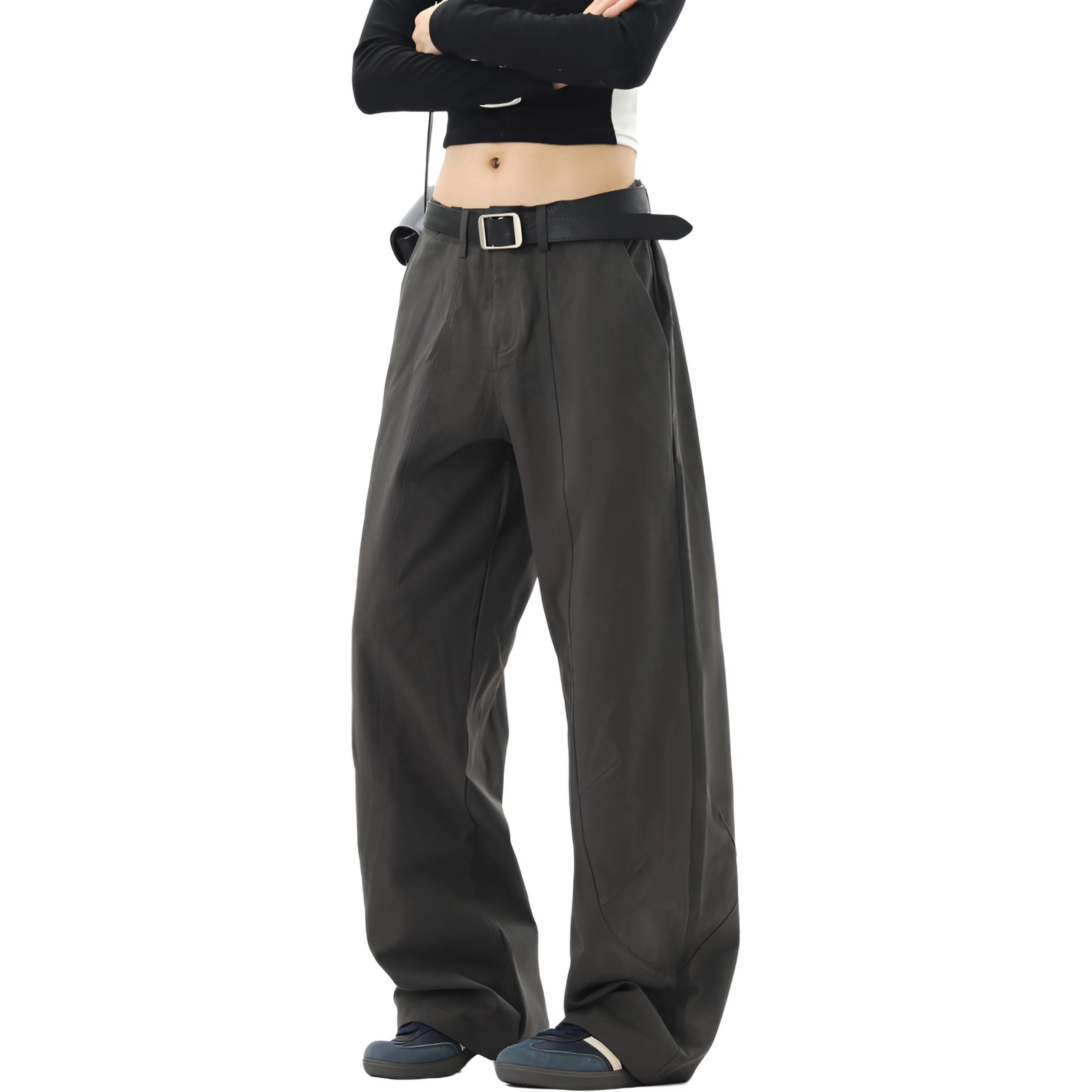 【美式高街垂感弯刀工装】布客行 小褶皱拼接不规则条纹复古港风松弛慵懒感高级潮流简约百搭直筒显高长裤子舒适纯棉宽松休闲裤 男女同款