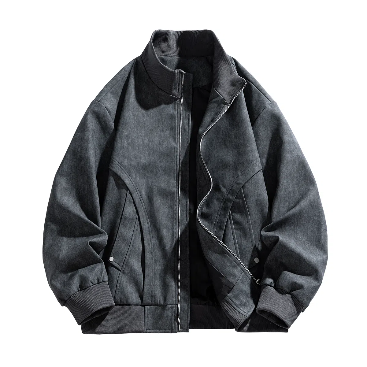 快鱼 美式复古高街纯色大码立领宽松外套拼接结构设计日常通勤百搭潮流皮衣 男女同款