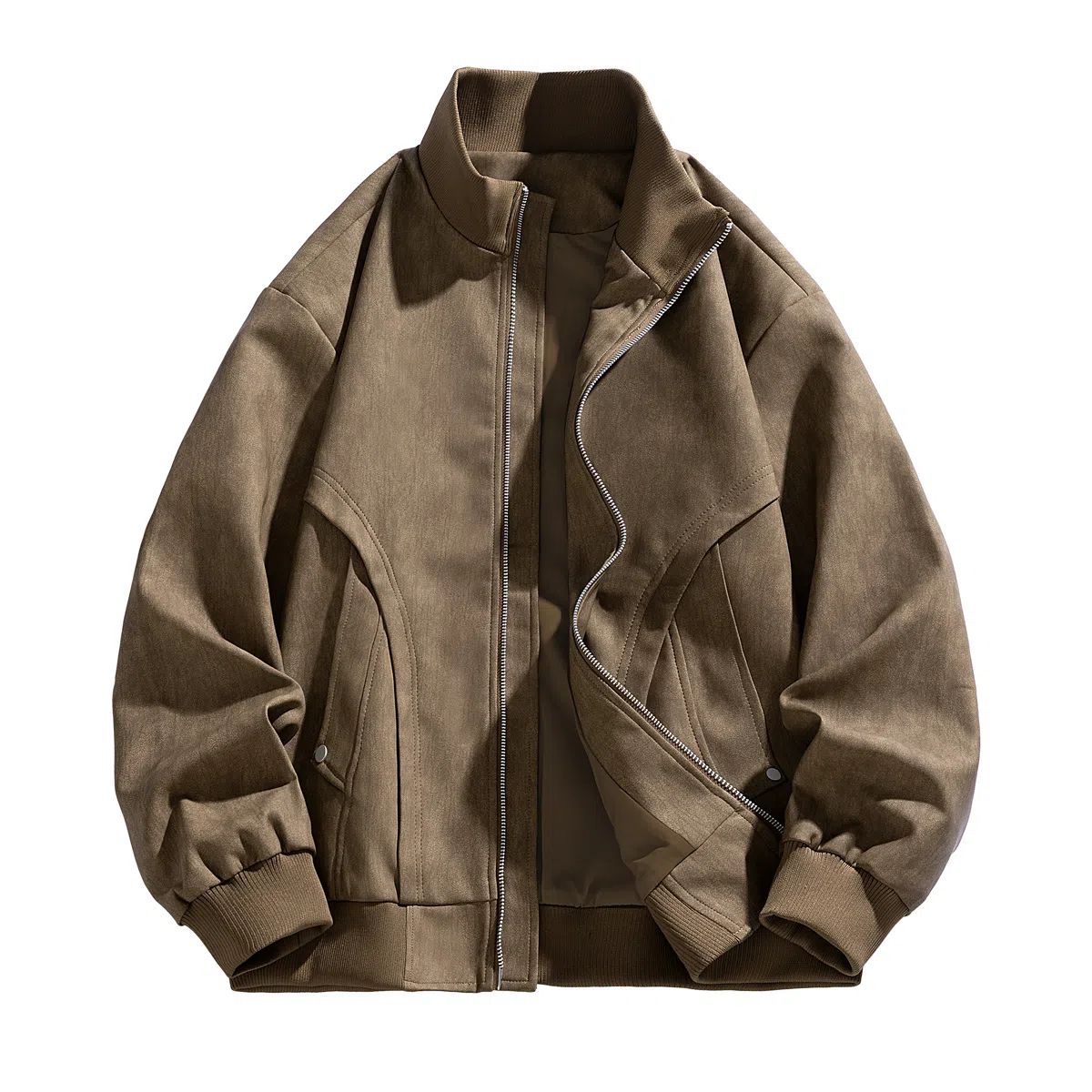 快鱼 美式复古高街纯色大码立领宽松外套拼接结构设计日常通勤百搭潮流皮衣 男女同款