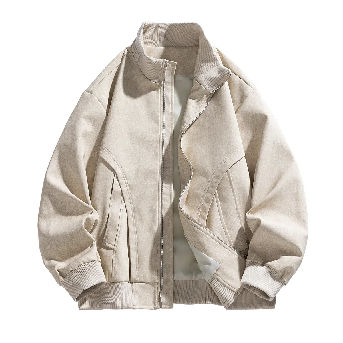 快鱼 美式复古高街纯色大码立领宽松外套拼接结构设计日常通勤百搭潮流皮衣 男女同款