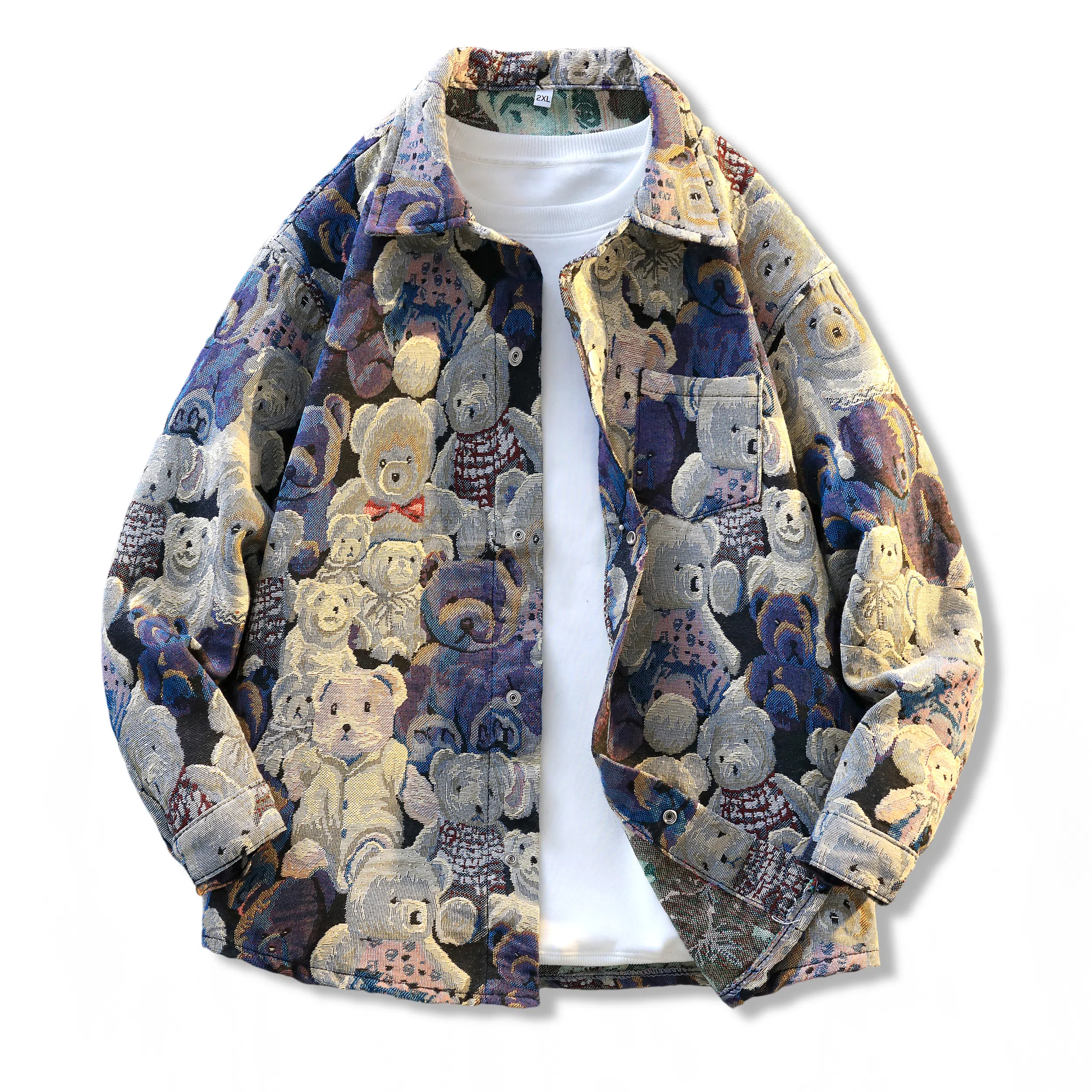 【小熊万针刺绣】布客行 美式复古轻奢高级潮牌高街提花宽松大码休闲舒适时尚百搭运动重磅青少年痞帅翻领开衫华棉长袖外套夹克 男女同款