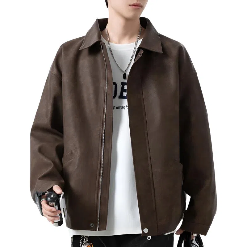 【复古美式扎染PU皮衣】布客行 机能风飞行员教练服美拉德港风高街休闲轻奢老钱风痞帅翻领落肩袖韩版百搭防风防泼水工装夹克 男女同款