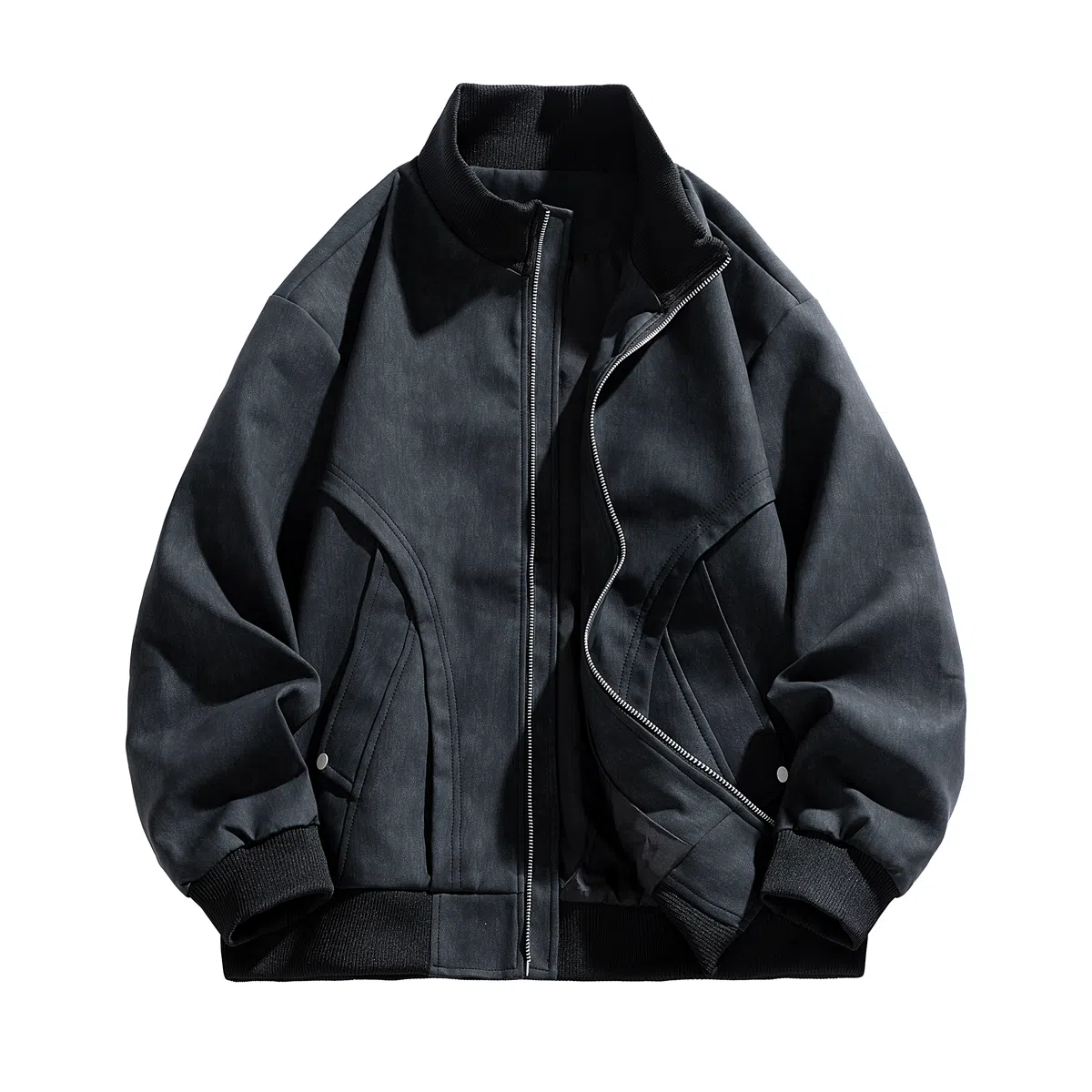 快鱼 美式复古高街纯色大码立领宽松外套拼接结构设计日常通勤百搭潮流皮衣 男女同款