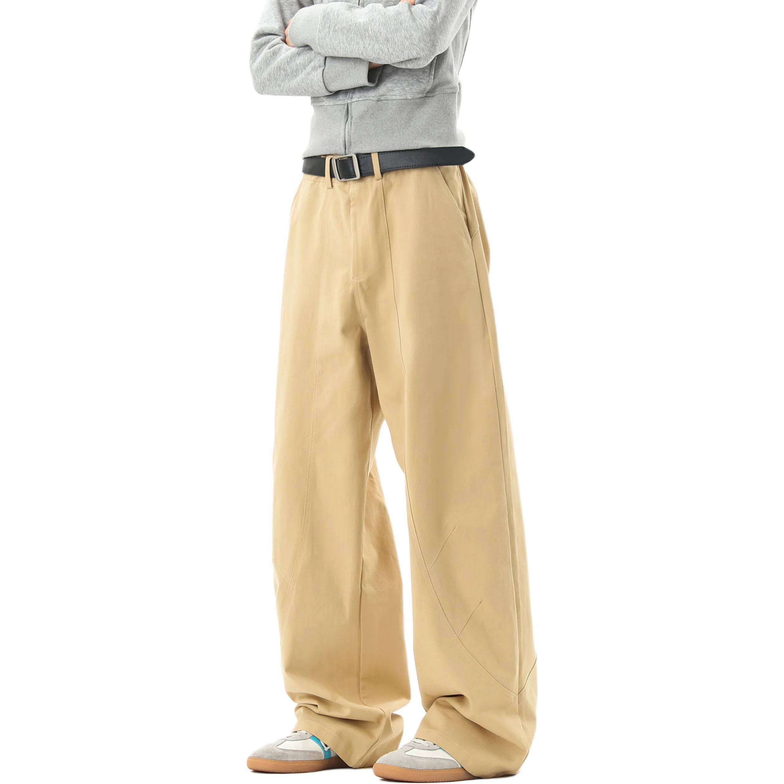 【美式高街垂感弯刀工装】布客行 小褶皱拼接不规则条纹复古港风松弛慵懒感高级潮流简约百搭直筒显高长裤子舒适纯棉宽松休闲裤 男女同款