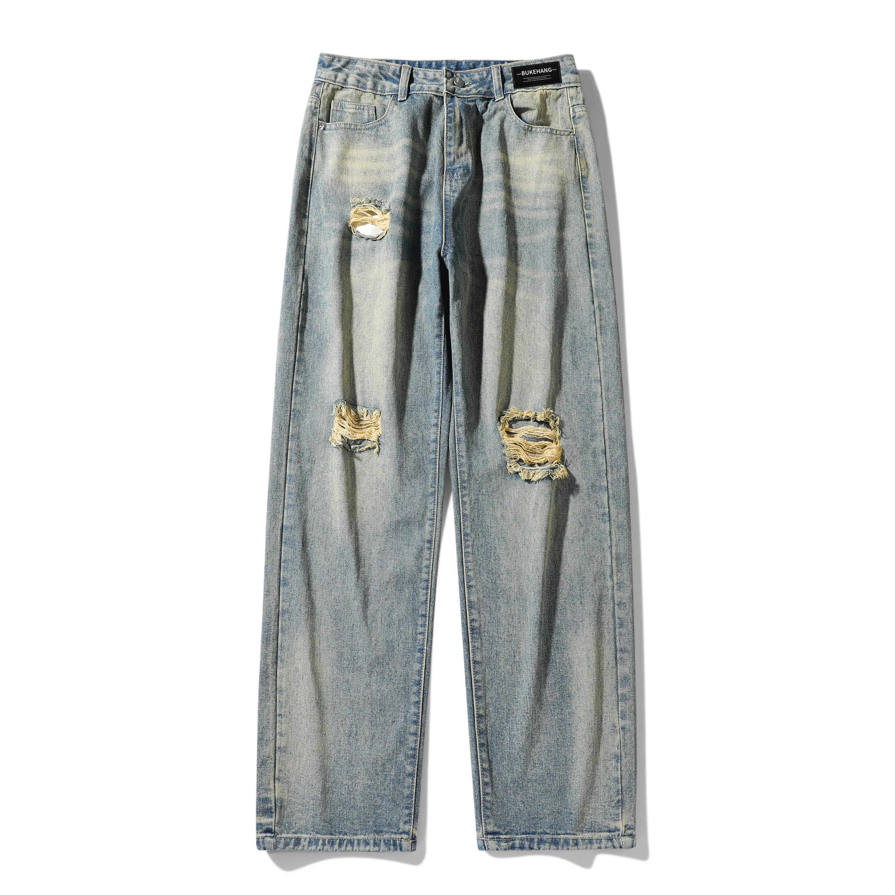【破洞直筒显瘦】布客行 美式潮牌废土风手工磨破水洗做旧亲肤舒适宽松大码阔腿显高港风高街痞帅长裤子牛仔裤 男女同款