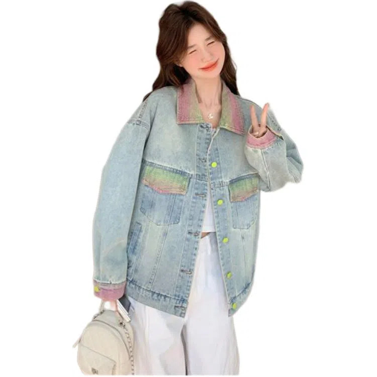 邓大喵 渐变色做旧女春季小个子设计感宽松炸街夹克上衣牛仔外套 女款