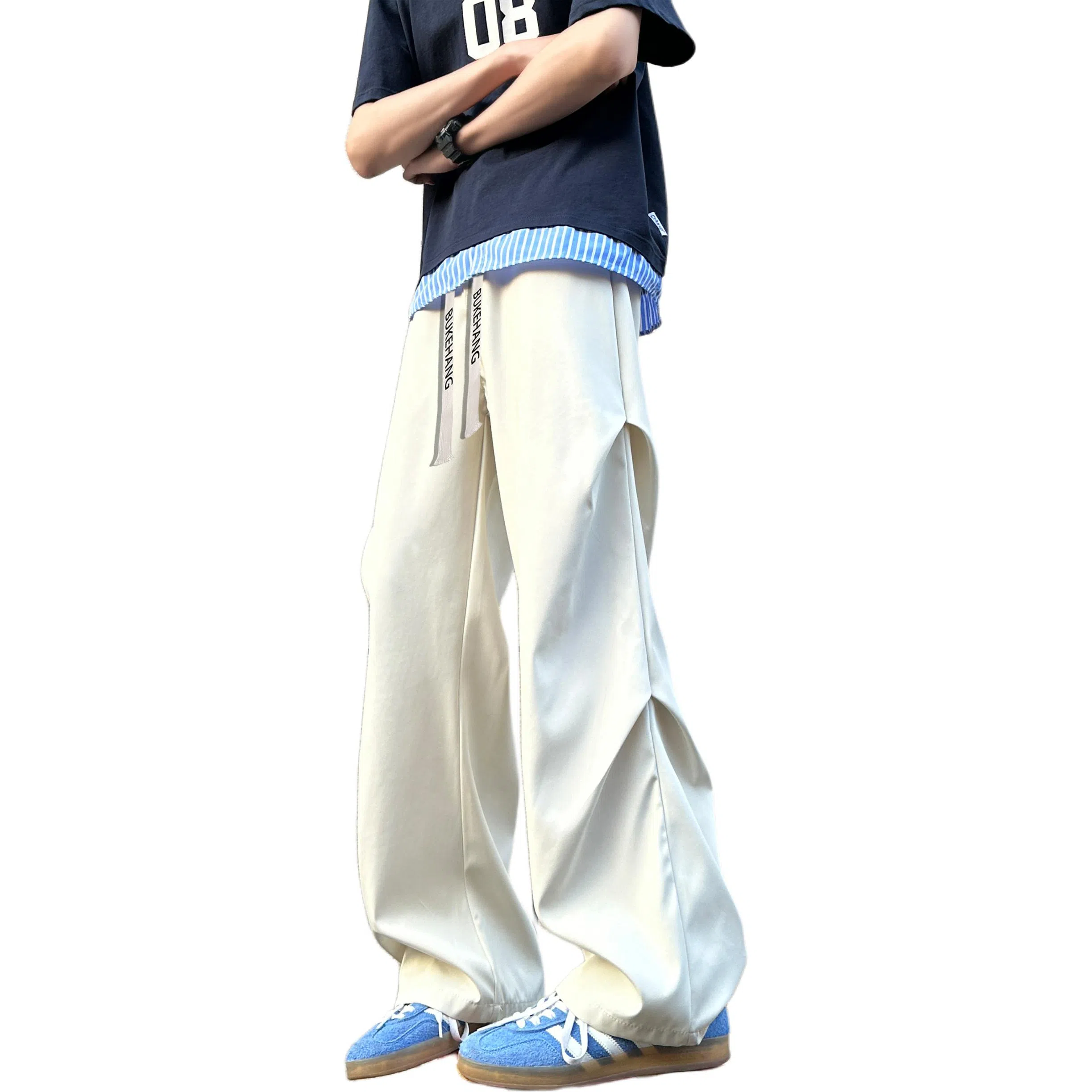 【显高显瘦伞兵裤】布客行 港风纯色褶皱设计感抽绳系带松紧腰长裤子学院风宽松大码直筒阔腿美式复古高街百搭柔软显腿长休闲裤 男女同款